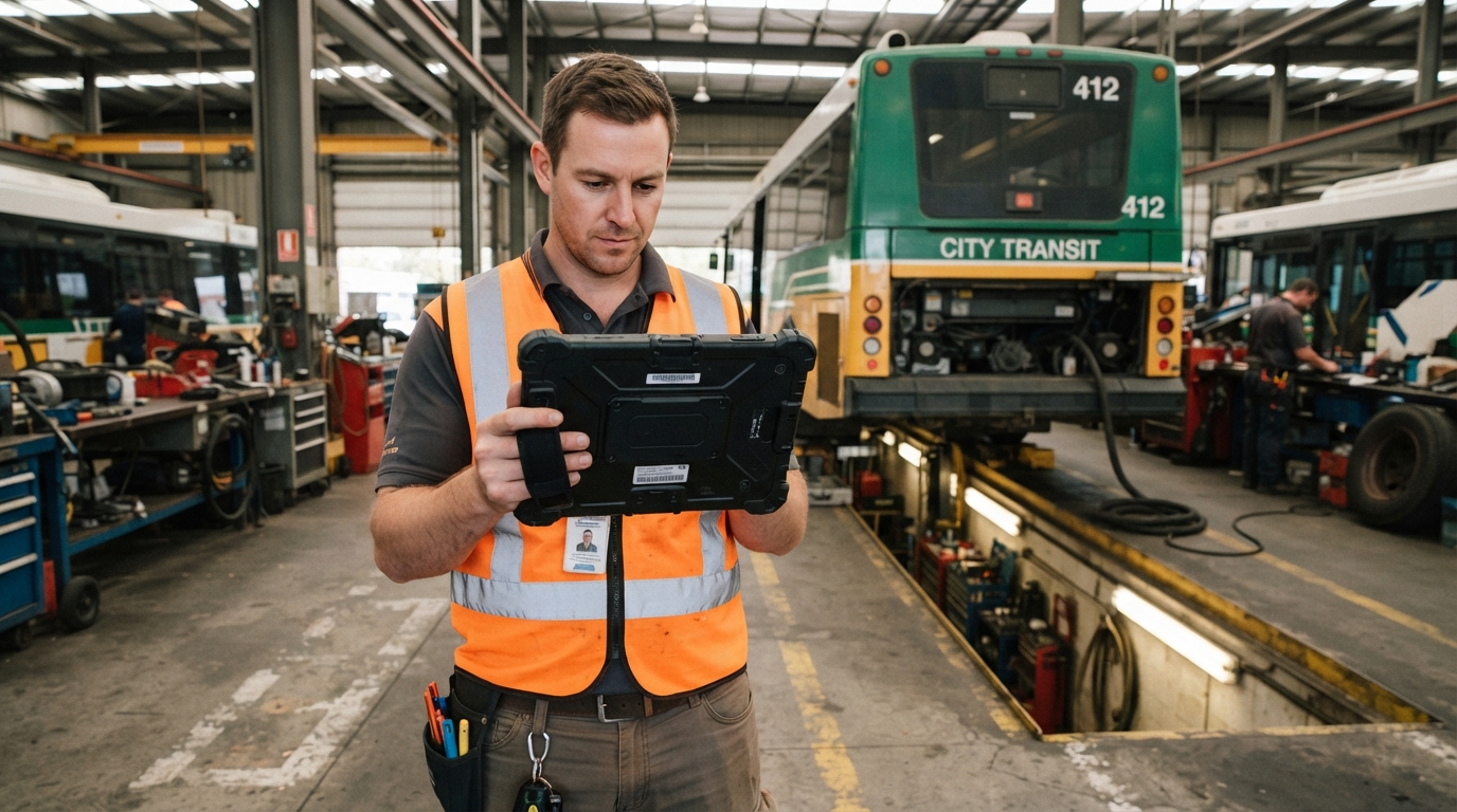 A transit vehicle inspector using a rugged tablet to perform a bus safety audit in a maintenance facility.