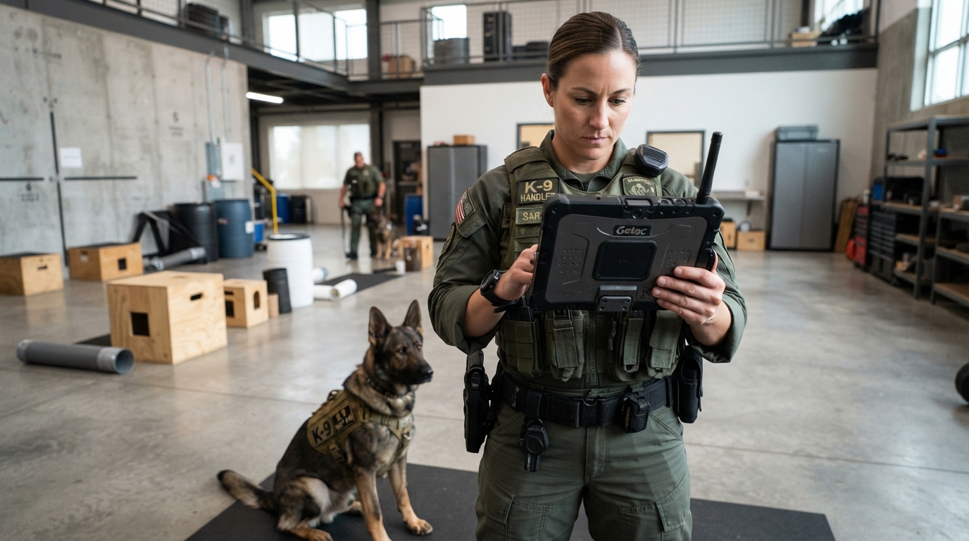 A professional K-9 handler using a rugged tablet during a detection unit inspection in a training facility.