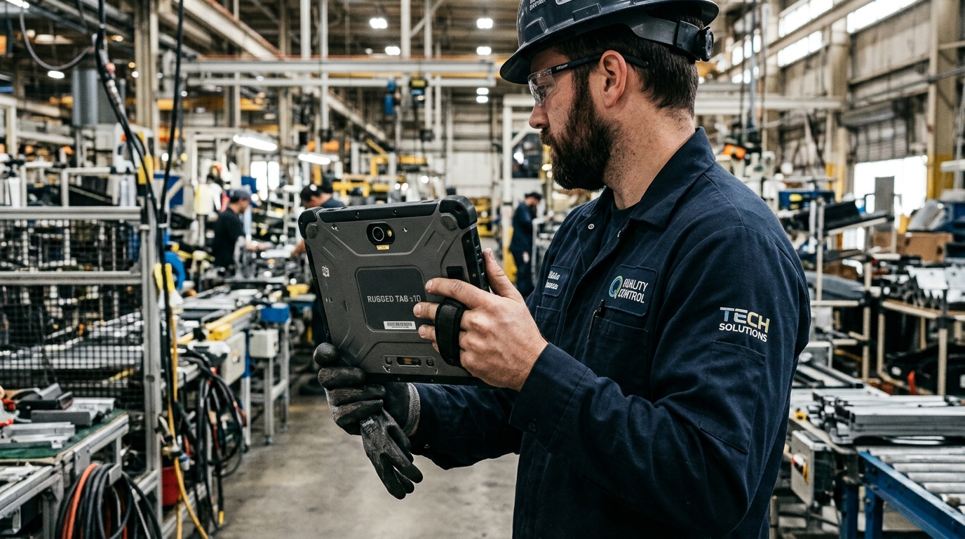 Professional safety inspector holding a digital tablet during an OSHA compliance inspection in a modern industrial warehouse.