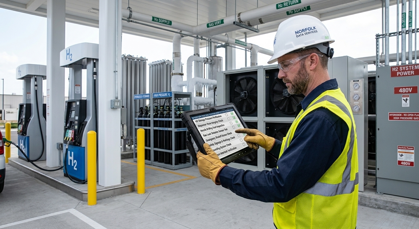 Professional inspector wearing safety PPE evaluating safety devices and emergency controls on a hydrogen fueling station inspection checklist with a ruggedized digital tablet.
