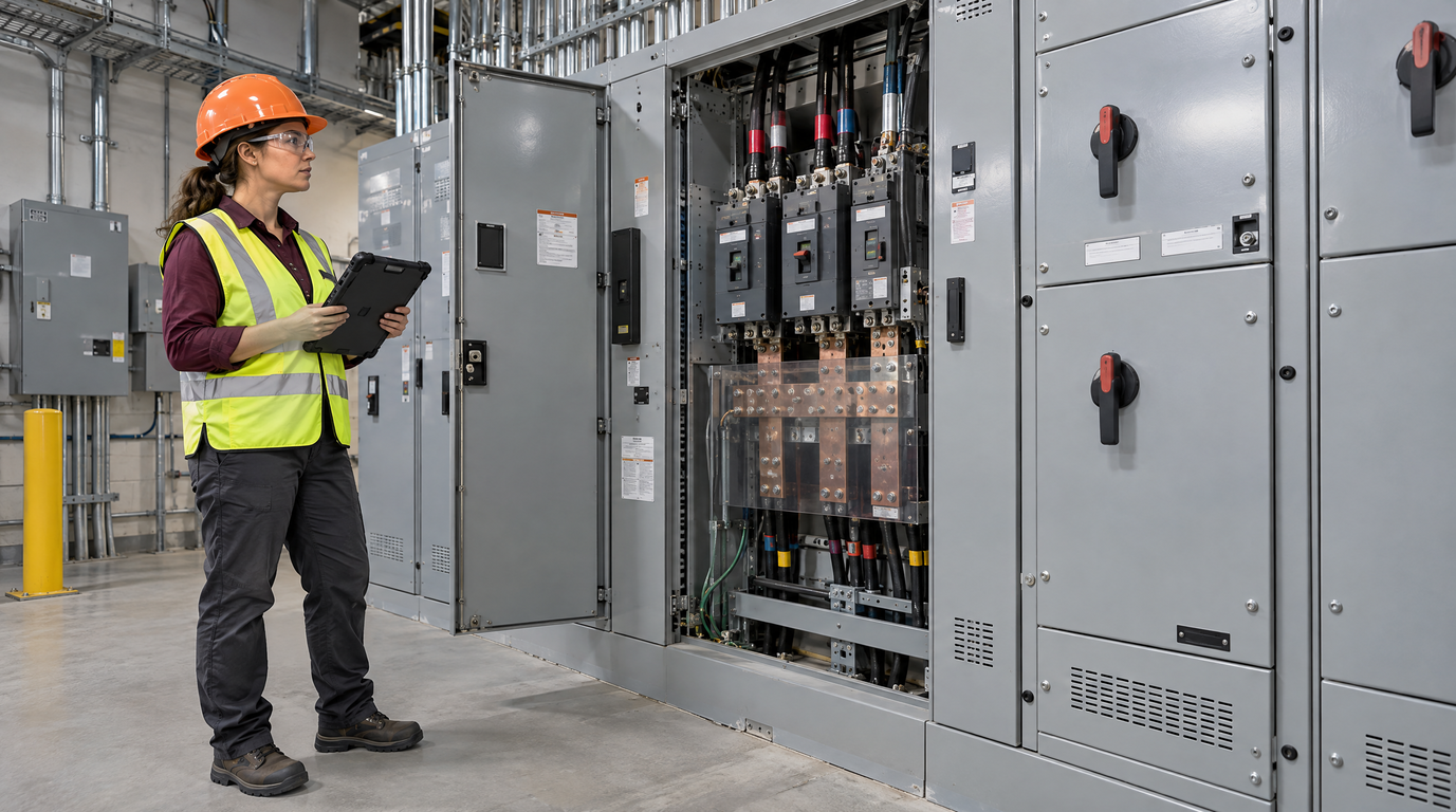 Female electrical inspector in an orange hard hat and lime-green reflective vest evaluating an industrial circuit breaker cabinet with a ruggedized tablet.