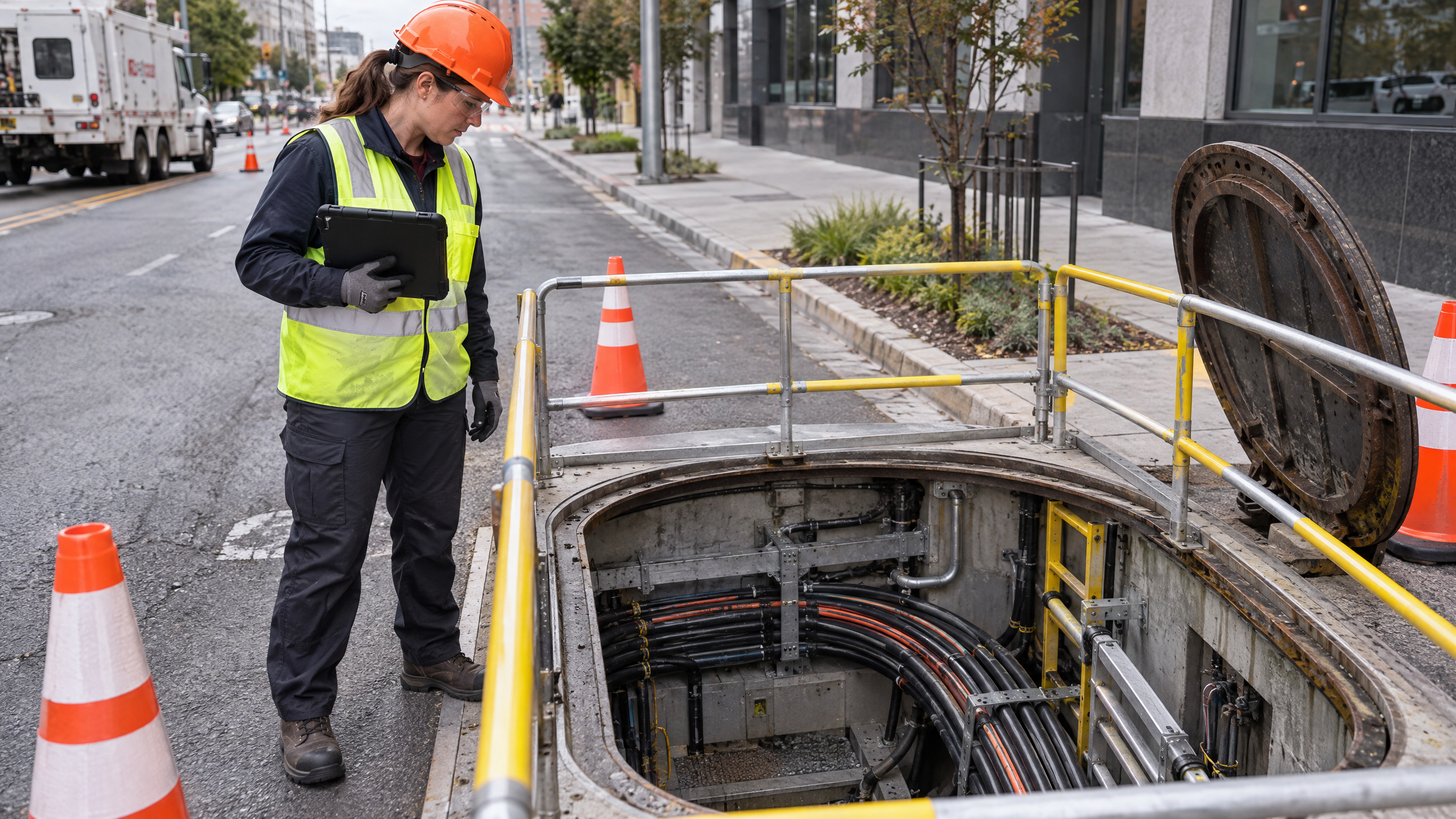 Female utility inspector in an orange hard hat and high-visibility vest evaluating underground cables inside a protected street manhole.